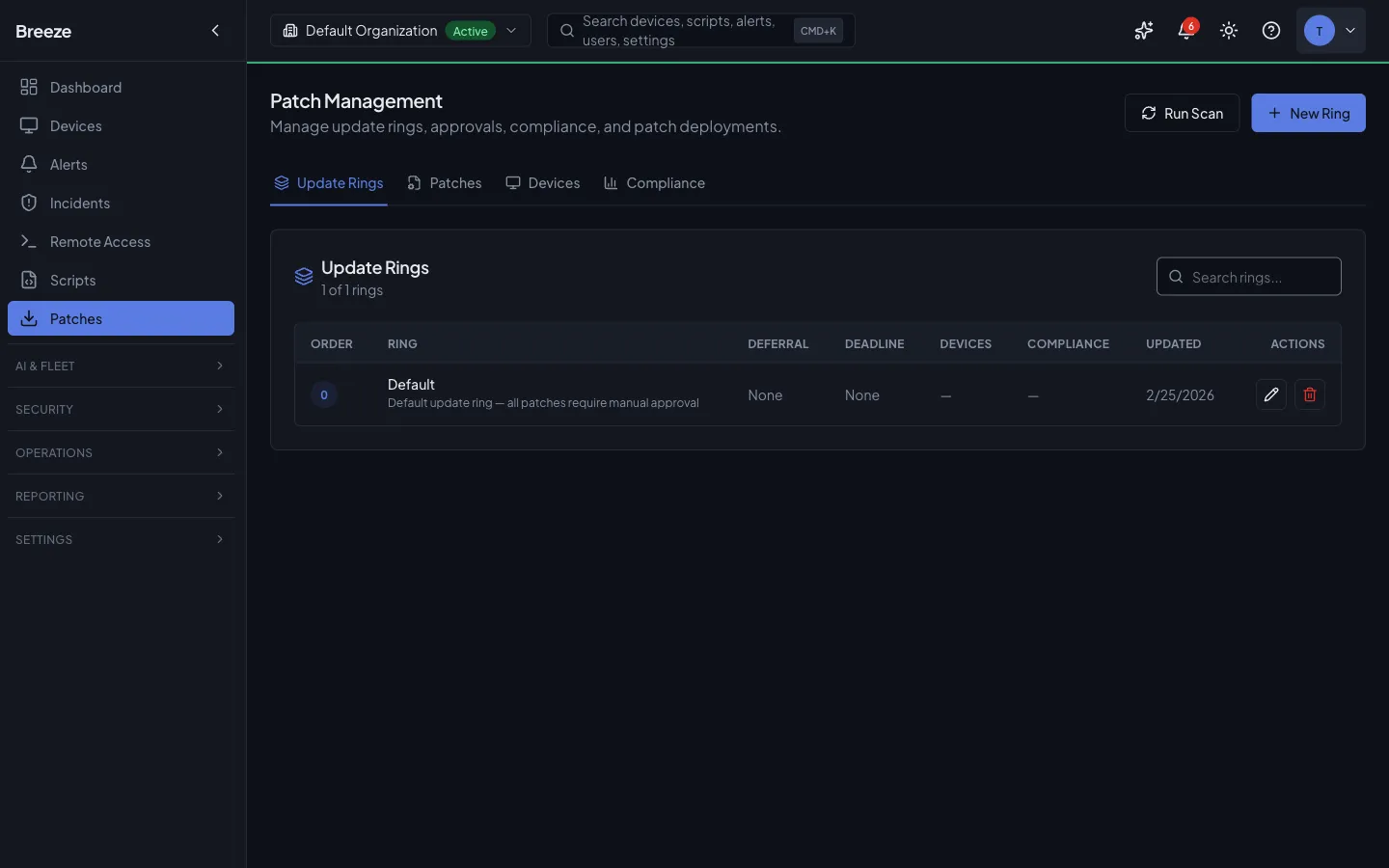 Breeze Patch Management showing update rings, compliance, and deployment controls